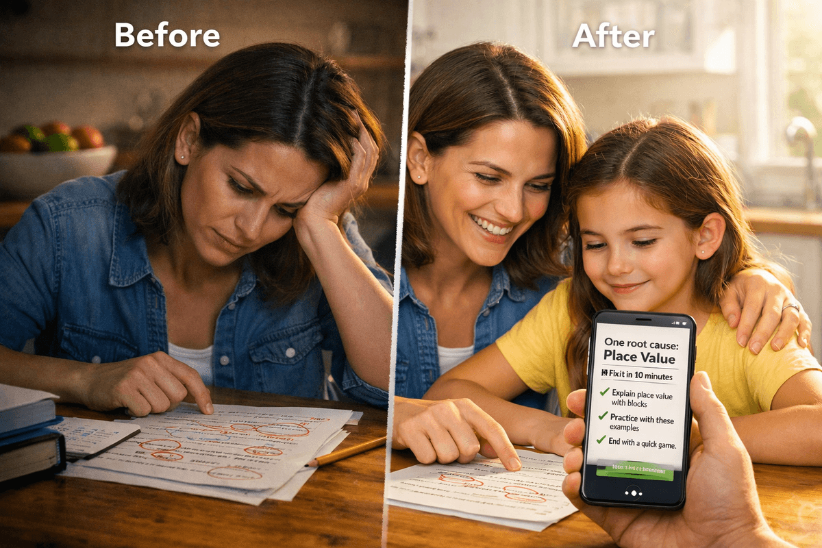 Before: a frustrated parent hunched over homework. After: the same parent smiling with her daughter, both looking at a phone with the AhaMend diagnosis.
