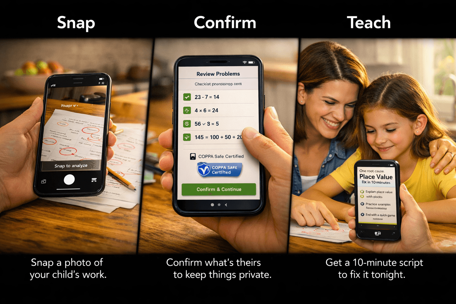 Three steps: Snap a photo of your child's work, Confirm what's theirs to keep things private, Teach with a 10-minute script